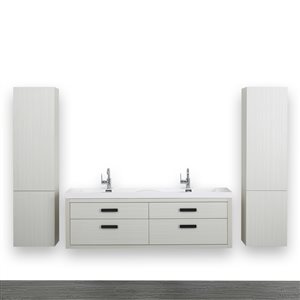 Streamline 63-in Ash Grey Double sink Wall Mount Bathroom Vanity With Glossy White (2 Linen Cabinets Included)
