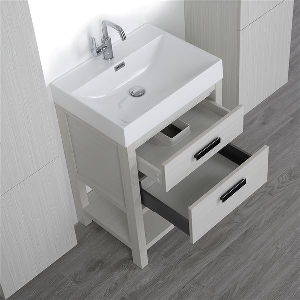 Streamline 24-in Ash Grey Single Sink Bathroom Vanity with Glossy White Solid Surface Top (Side Cabinets Included)