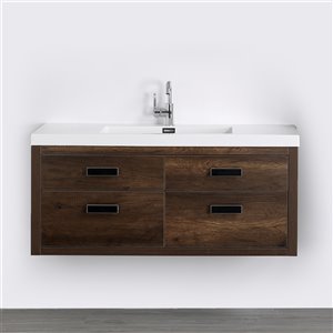 Meuble-lavabo mural simple brun par Streamline de 48 po avec comptoir blanc lustré