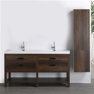 Streamline Brown 63-in Double Sink Bathroom Vanity with Glossy White Solid Surface Top (Linen Cabinet Included)