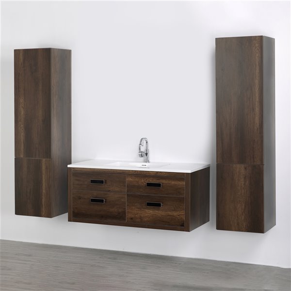 Streamline Brown 48-in Single Sink Bathroom Vanity with Glossy White Solid Surface Top (Linen Cabinets Included)