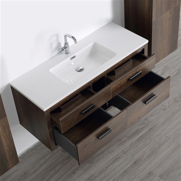 Streamline Brown 48-in Single Sink Bathroom Vanity with Glossy White Solid Surface Top (Linen Cabinets Included)