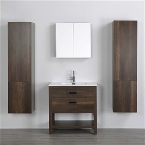 Meuble-lavabo simple brun autoportant par Streamline de 32 po avec comptoir blanc lustré, miroir et 2 lingeries