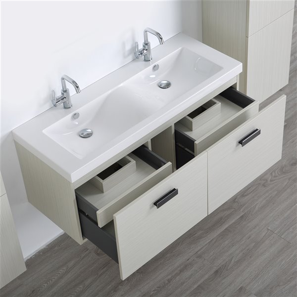 Streamline 48-in Double Sink Ash Grey Bathroom Vanity with Glossy White Solid Surface Top (2 Cabinets Included)