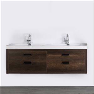 Meuble-lavabo mural double brun par Streamline de 63 po avec comptoir blanc lustré