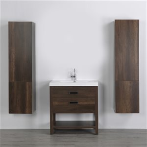Meuble-lavabo simple brun autoportant par Streamline de 32 po avec comptoir blanc lustré et 2 lingeries autoportantes