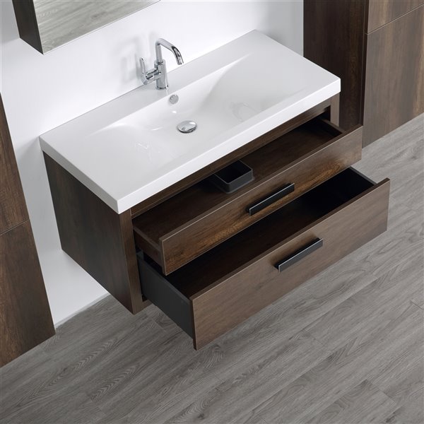 Streamline Brown 40-in Single Sink Bathroom Vanity with Glossy White Solid Surface Top (1 Mirror and 2 Cabinets Included)