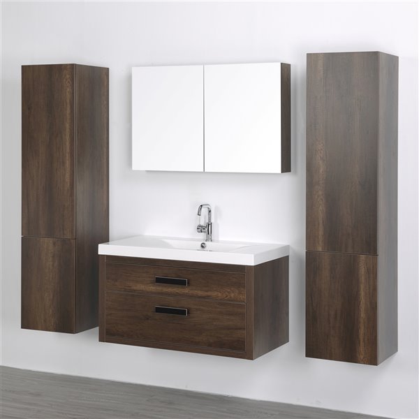 Streamline 40 In Brown Single Sink Floating Bathroom Vanity With Glossy White Top 1 Mirror And 2 Side Cabinets Included Rona