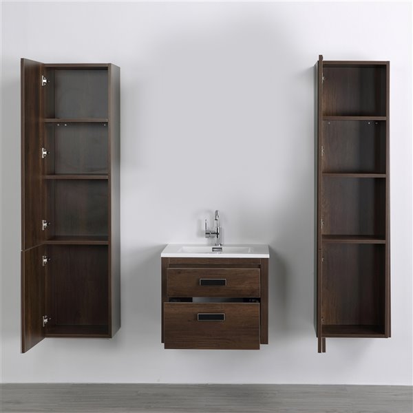 Streamline 24-in Brown Single Sink Floating Bathroom Vanity with Glossy White Top - 2 Side Cabinets Included