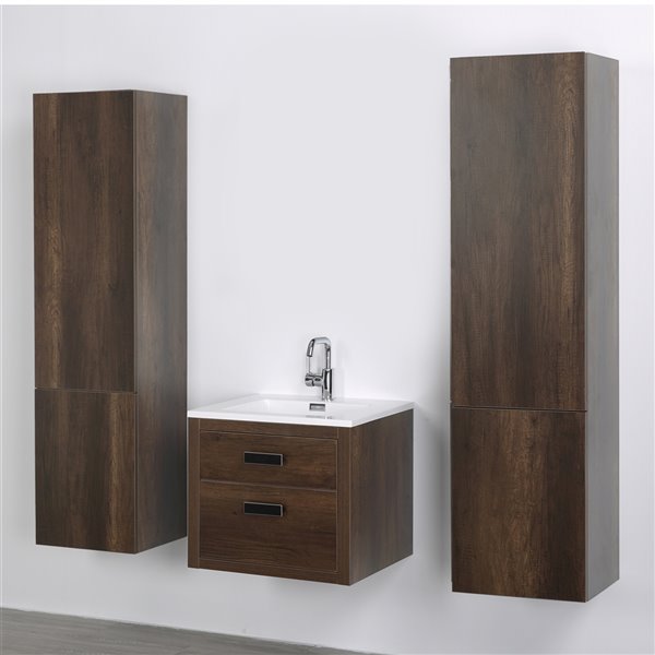 Streamline 24-in Brown Single Sink Floating Bathroom Vanity with Glossy White Top - 2 Side Cabinets Included