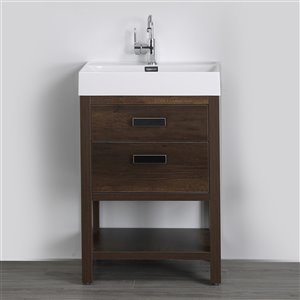 Meuble-lavabo simple brun autoportant par Streamline de 24 po avec comptoir blanc lustré et 2 tiroirs de rangement