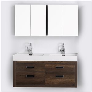 Meuble-lavabo mural double brun par Streamline de 48 po avec comptoir blanc lustré et 1 miroir