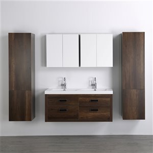 Meuble-lavabo mural double brun par Streamline de 48 po avec comptoir blanc lustré, 2 miroirs et 2 lingeries