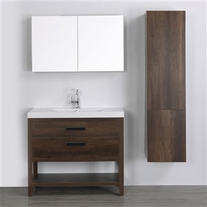 Meuble-lavabo simple brun autoportant par Streamline de 40 po avec comptoir blanc lustré, miroir et 1 armoire