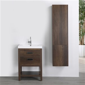 Meuble-lavabo simple brun autoportant par Streamline de 24 po avec comptoir blanc lustré et 1 lingerie