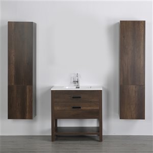 Meuble-lavabo simple brun autoportant par Streamline de 32 po avec comptoir blanc lustré et 2 lingeries