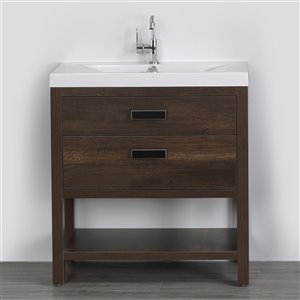Meuble-lavabo simple brun autoportant par Streamline de 32 po avec comptoir blanc lustré