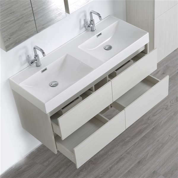 Streamline 48-in Ash Grey Double Sink Floating Bathroom Vanity with Glossy White Top and 1 Linen Cabinet (2 Mirrors Included)