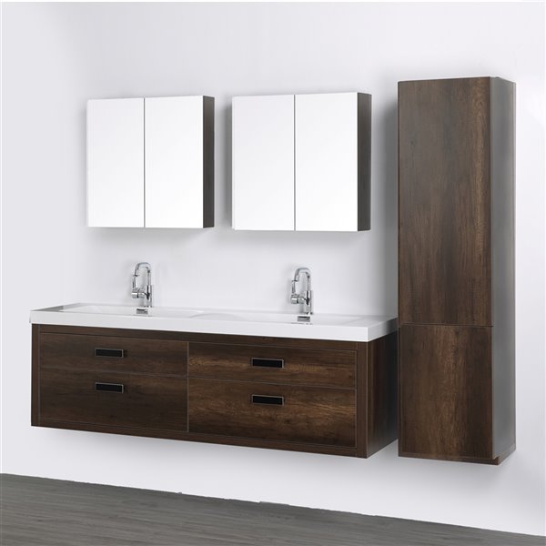 Streamline 63 In Brown Double Sink Floating Bathroom Vanity With Glossy White Top 2 Mirrors And 1 Side Cabinet Included Rona