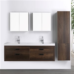 Meuble-lavabo mural double brun par Streamline de 63 po avec comptoir blanc lustré, 2 miroirs et 1 lingerie