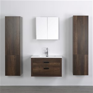 Meuble-lavabo mural simple brun par Streamline de 32 po avec comptoir blanc lustré, miroir et 2 lingeries