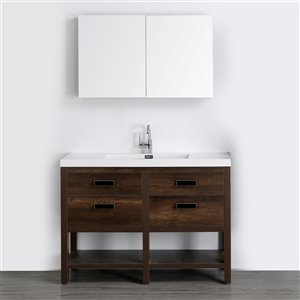 Meuble-lavabo simple brun autoportant par Streamline de 48 po avec comptoir blanc lustré et 1 miroir