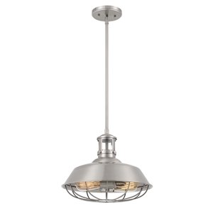 Worldwide Lighting Wilbur Brushed Nickel Industrial Warehouse Incandescent Medium Pendant Light
