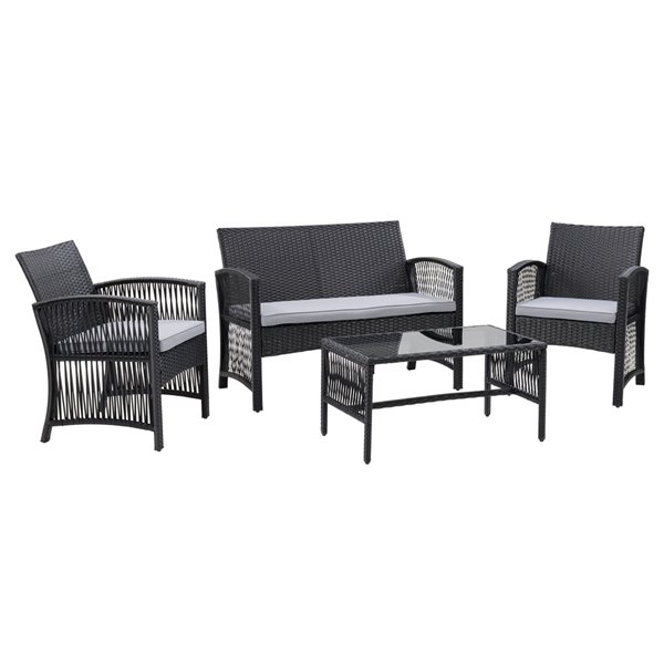 CorLiving Parksville 4-Piece Metal Frame Wicker Flared Sofa Set with Cushions