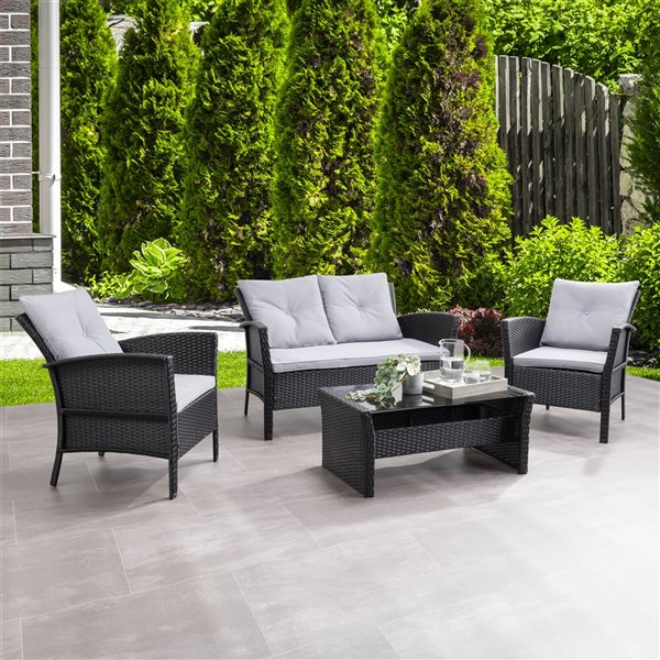 CorLiving Cascade 4-Piece Metal Frame/Wicker Patio Set with Cushions