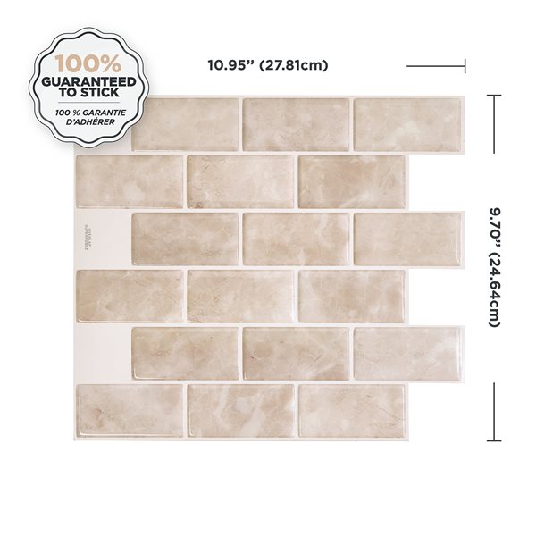 Tuiles murales autocollantes 3D Subway Sora de Smart Tiles, 10,95 po x 9,7 po, beige, 4 pièces