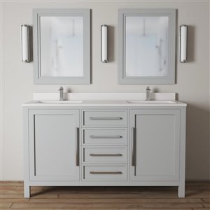 Urban Woodcraft Forest Made 63-in Grey Double Sink Bathroom Vanity with White Quartz Top (2 Mirrors Included)