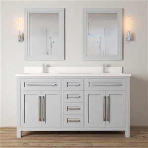 Urban Woodcraft Forest Made 63-in Grey Double Sink Bathroom Vanity with White Quartz Top (Mirror Included)