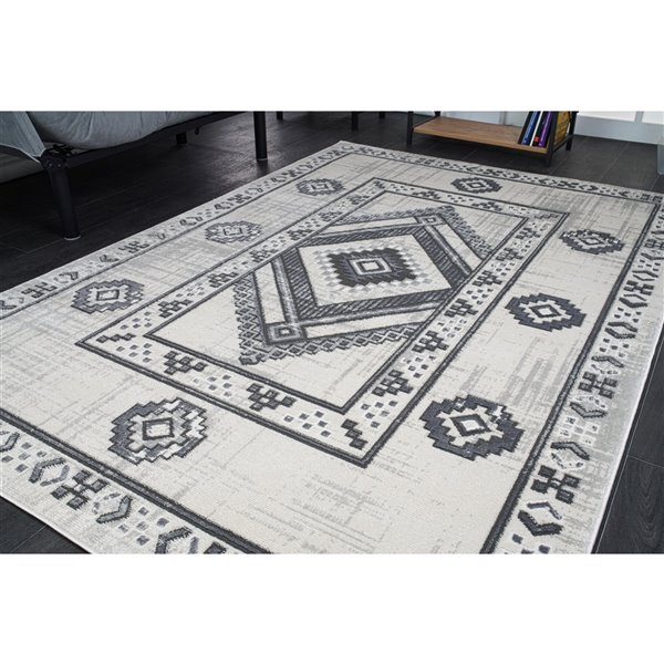 Tapis à bordure géométrique moderne de La Dole, 5 pi x 7 pi, gris clair