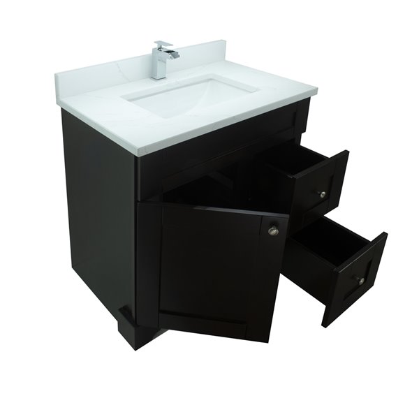 Meuble-lavabo simple Bold Damian par LUKX espresso de 30 po avec comptoir en quartz Calacatta classique