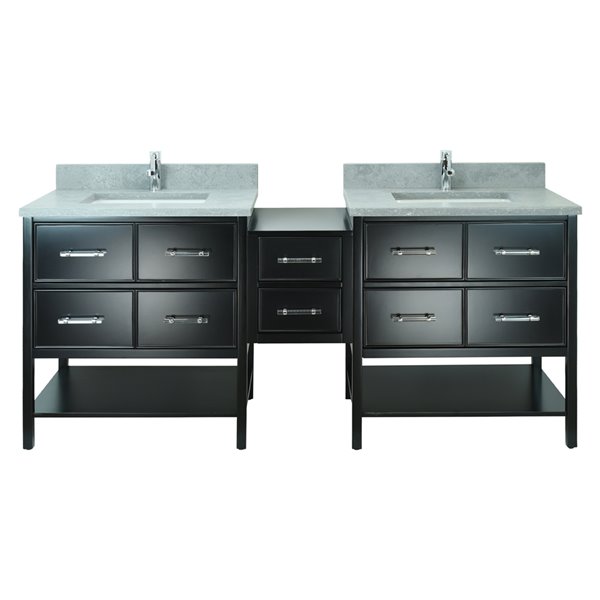 LUKX Bold Gemma 74-in Black Double Sink Bathroom Vanity with Concrete Grey Quartz Top