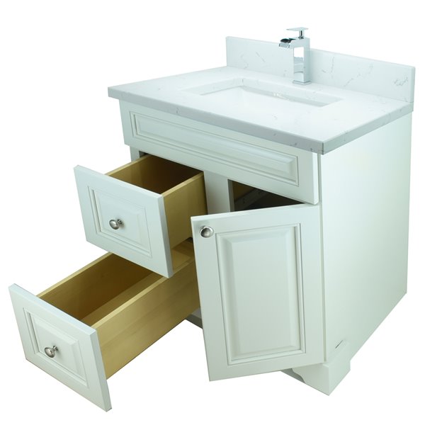 Meuble-lavabo simple blanc antique de 36 po Bold Damian par LUKX avec comptoir en quartz blanc de Carrare