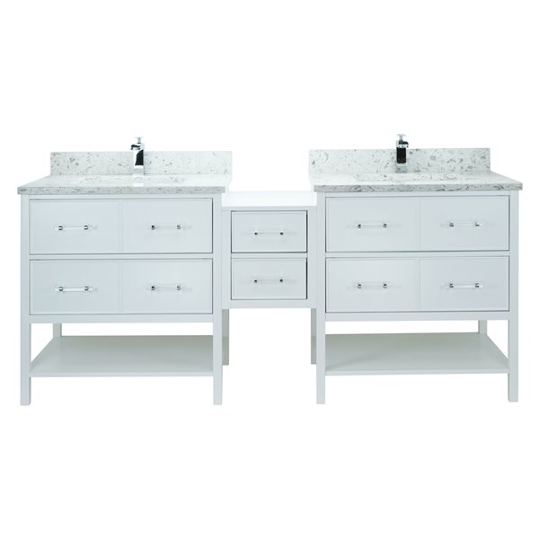 Lukx Bold Gemma 86-in White Double Sink Bathroom Vanity With Milky Way Quartz Top