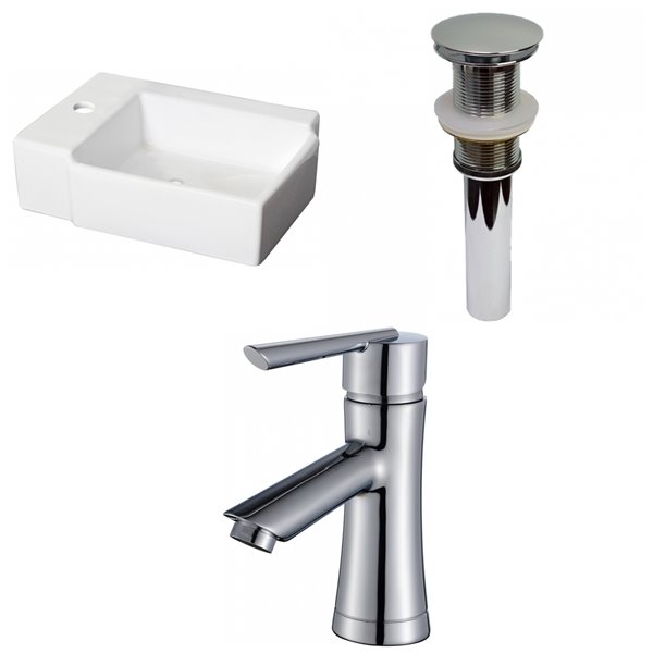 Lavabo Mural Céramique Rectangle Droit – Design Moderne Compact 37 Cm Avec Robinet & Siphon Inclus Blanc Brillant