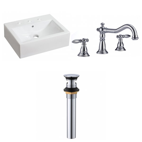 American Imaginations Ceramic White Vessel Rectangular Bathroom Sink Chrome Faucet and Overflow Drain (16.25-in x 20.25-in)