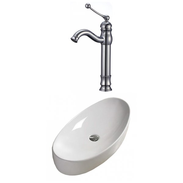 American Imaginations Oval White Ceramic Vessel Bathroom Sink Brushed Chrome Faucet (15.4-in x 31-in)