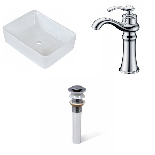 American Imaginations Vessel White Ceramic Rectangular Bathroom Sink Brushed Chrome Faucet and Drain (14.75-in x 18.75-in)