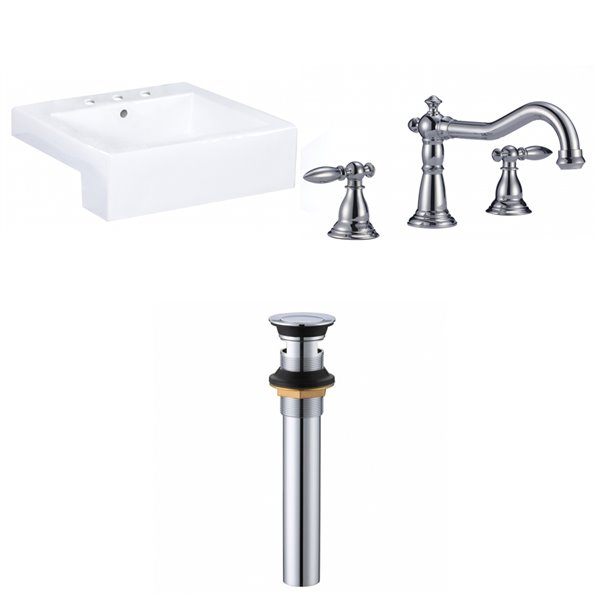 American Imaginations Xena Rectangular Vessel White Ceramic Bathroom Sink Chrome Faucet and Overflow Drain (19-in x 20.25-in)