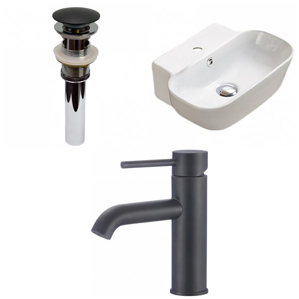 American Imaginations White Ceramic Wall-Mount Rectangular Bathroom Sink Black Overflow Drain and Faucet (12.2-in x 16.34-in)