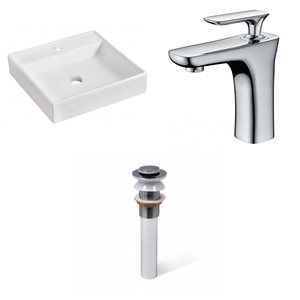 American Imaginations Ceramic Vessel White Square Bathroom Sink with Brushed Chrome Faucet and Drain (17.5-in x 17.5-in)