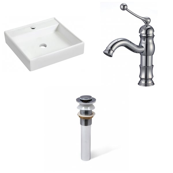 American Imaginations White Ceramic Square Wall-Mount Bathroom Sink with Brushed Chrome Drain and Faucet (17.5-in x 17.5-in)