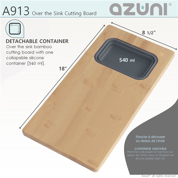 Planche à découper Azuni pour évier, en Bamboo, 18 po l. x 8.6 po L. (1 contenant inclus)