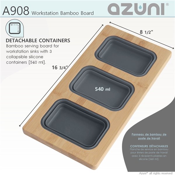 Azuni 16.75-in L x 8.5-in W Workstation Sink Bamboo Serving Board set with 3 Collapsible Containers