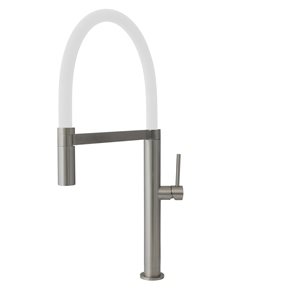 Stylish Brushed 1-handle Deck Mount High-arc Handle/lever Kitchen Faucet with White Spout Hose
