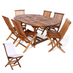 Ensemble à diner de patio ovale en bois de teck avec coussins de chaise par All Things Cedar, lot de 7, Java/blanc royal