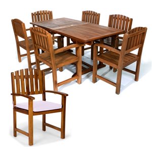 All Things Cedar 7-Piece Brown Java Teak Frame Rectangular Patio Dining Set with Royal White Cushions Included